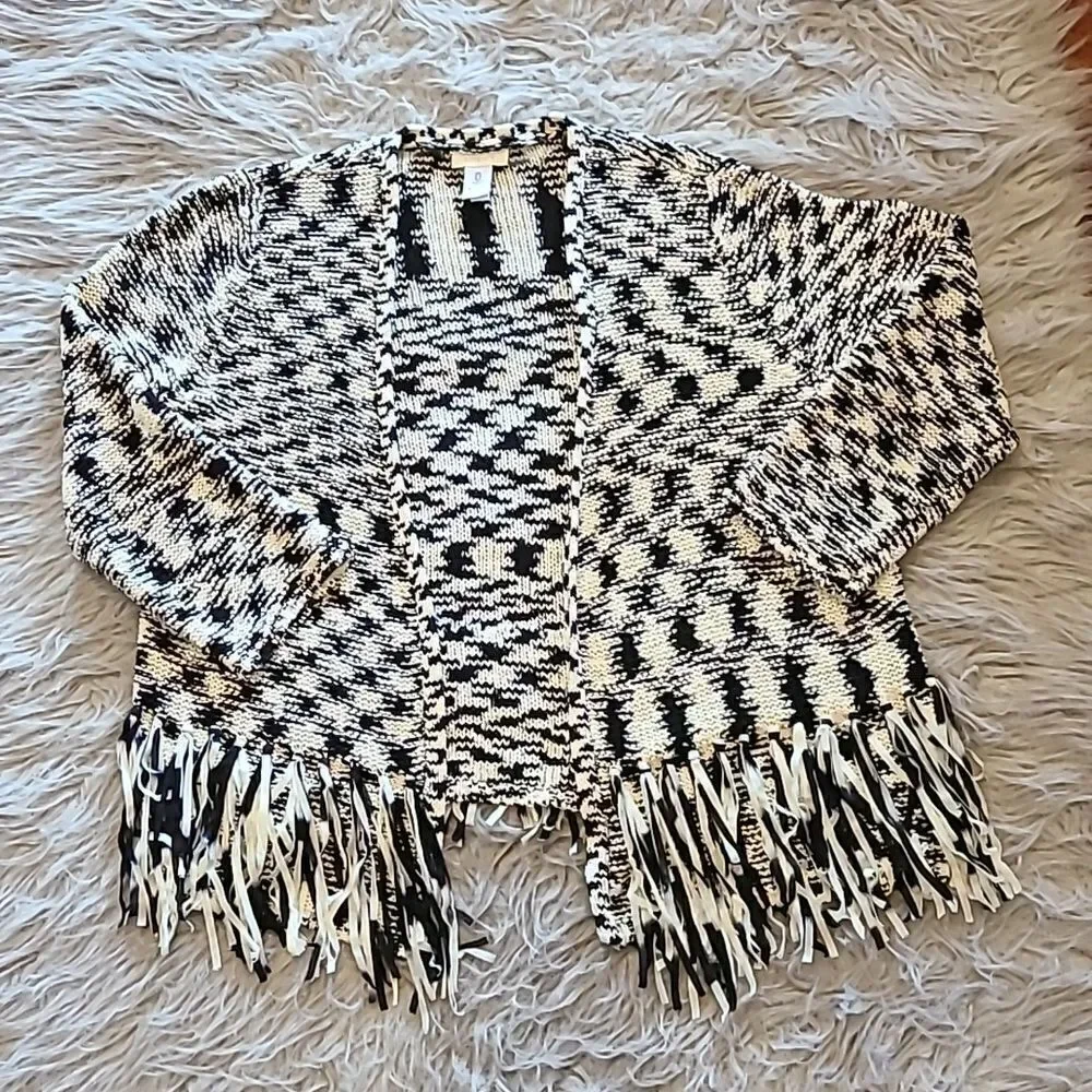 Chicos acrylic blend white and black fringe open cardigan size 0 - Picture 1 of 4